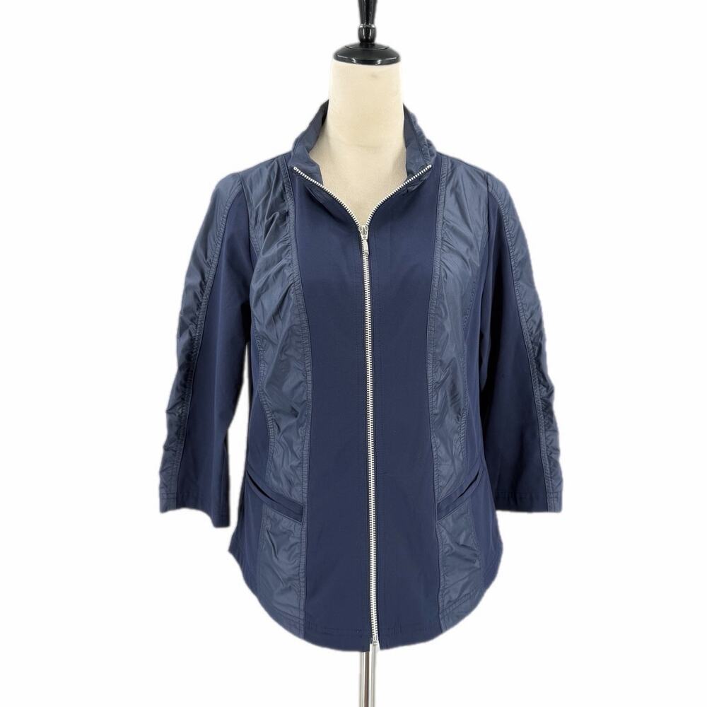 Chico’s Zenergy Sz 0 Navy Blue Mixed Media Zip Windbreaker Sporty Travel Jacket